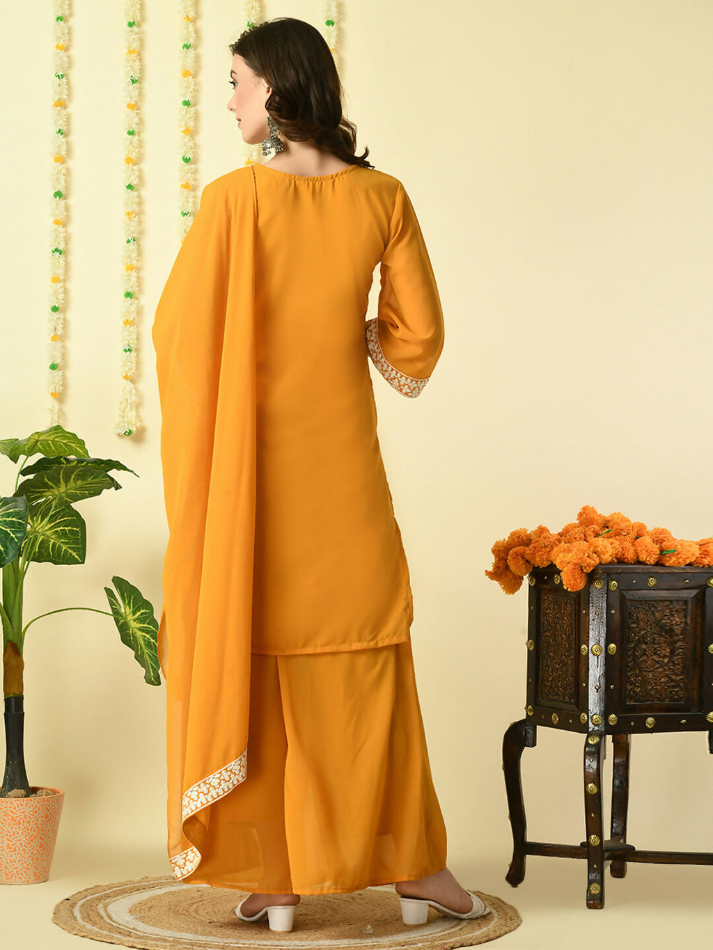 Myshka Women's Mustard Georgette Kurta & Palazzos With Dupatta Party Sets