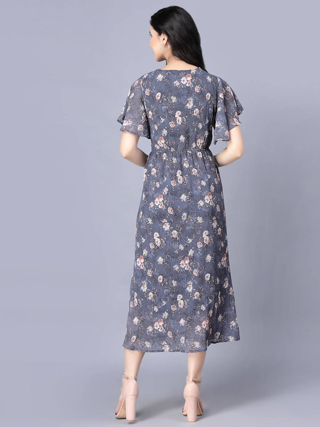 Myshka Women Grey Floral Midi Dress - Distacart