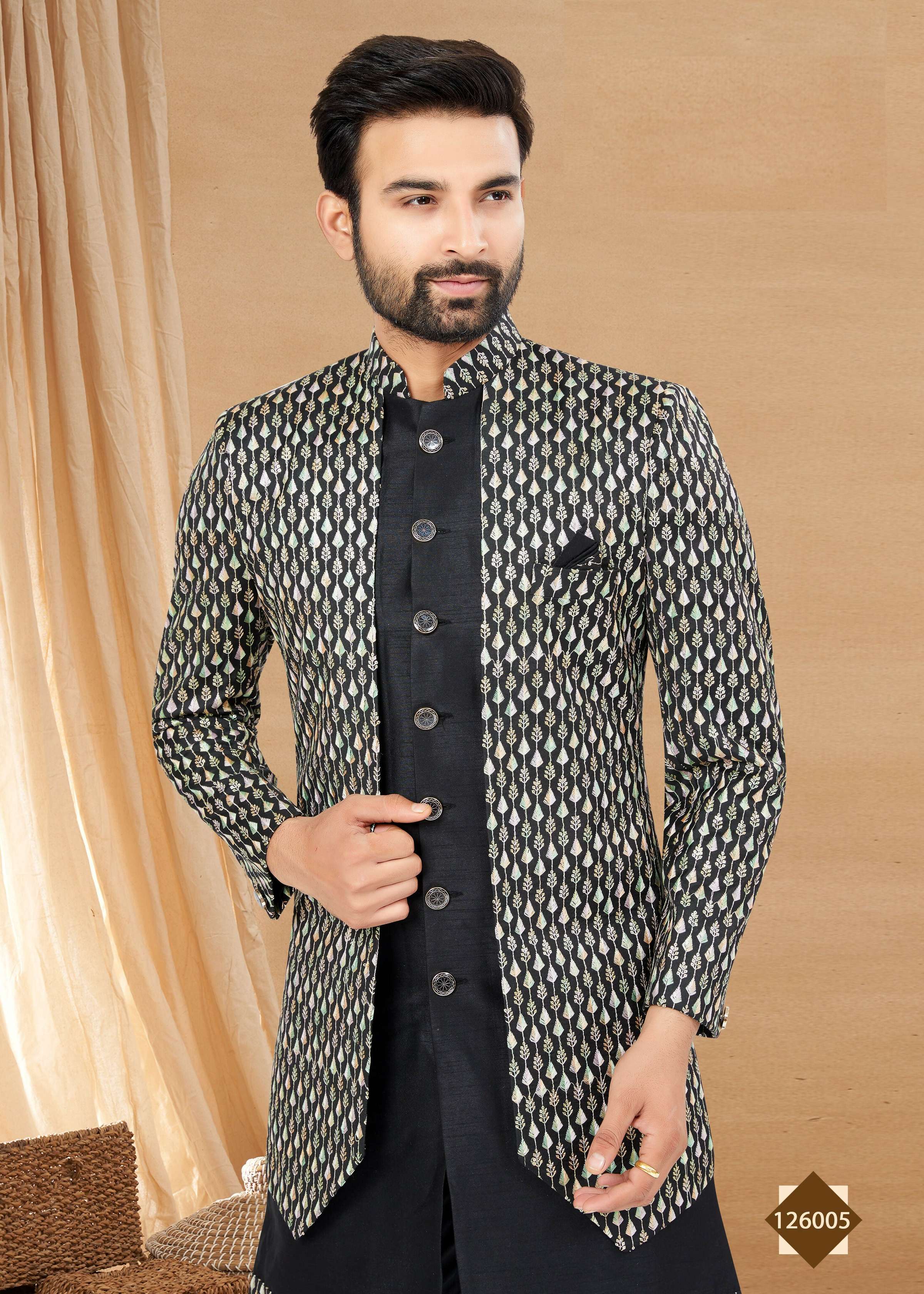 Joban Fashion Men's Black Heavy Art Silk Double Finish Plain Indowestern