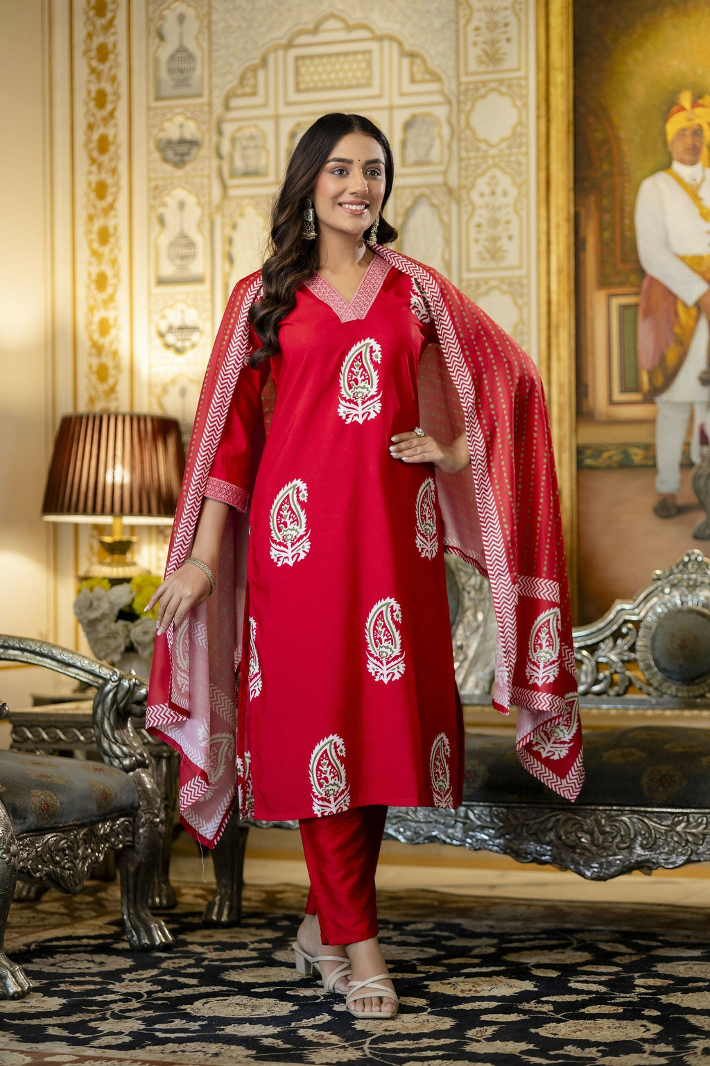The52 Women's Beautiful Rayon Fabric Printed Work Straight Kurta Pant and Dupatta Set - Distacart