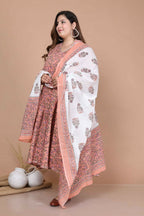 Miravan Women's Plus Size Surpassing Orange Partywear Floral Printed Anarkali Kurta Dupatta 
