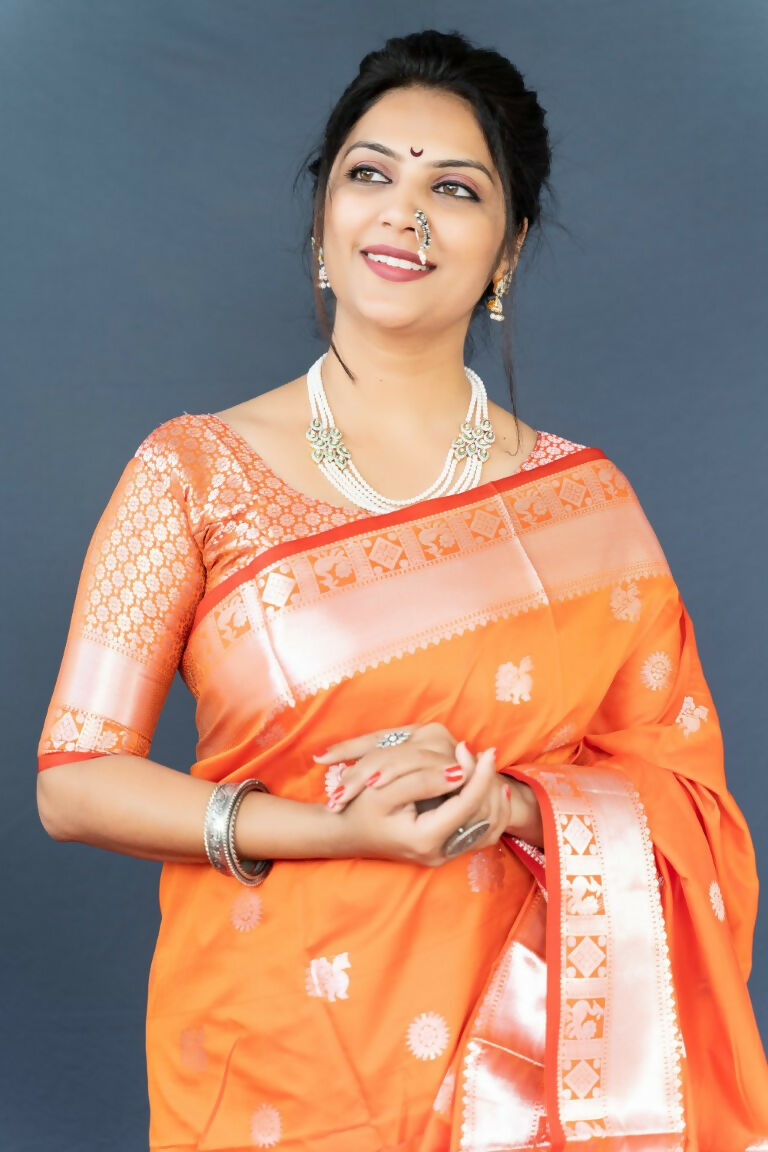Jyoti Fashion Women's Orange Soft Banarasi Silk Zari Woven Saree with Blouse