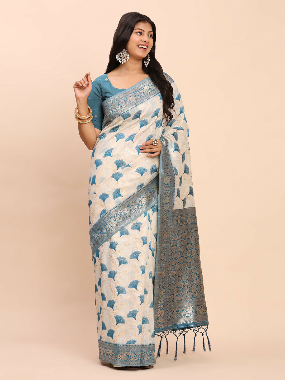 Shree Shyam Fashion Linen Cotton Sky Blue Saree - Distacart