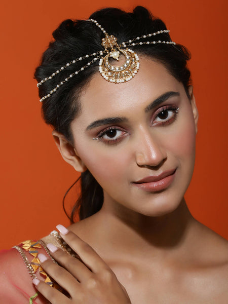 Gold-Polished White Kundan-Studded Faux Pearl Beaded Maathapatti - Ruby Raang