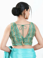 Joban Fashion Green Multi Silk Padded Blouse With V Neck Sleeveless - Distacart
