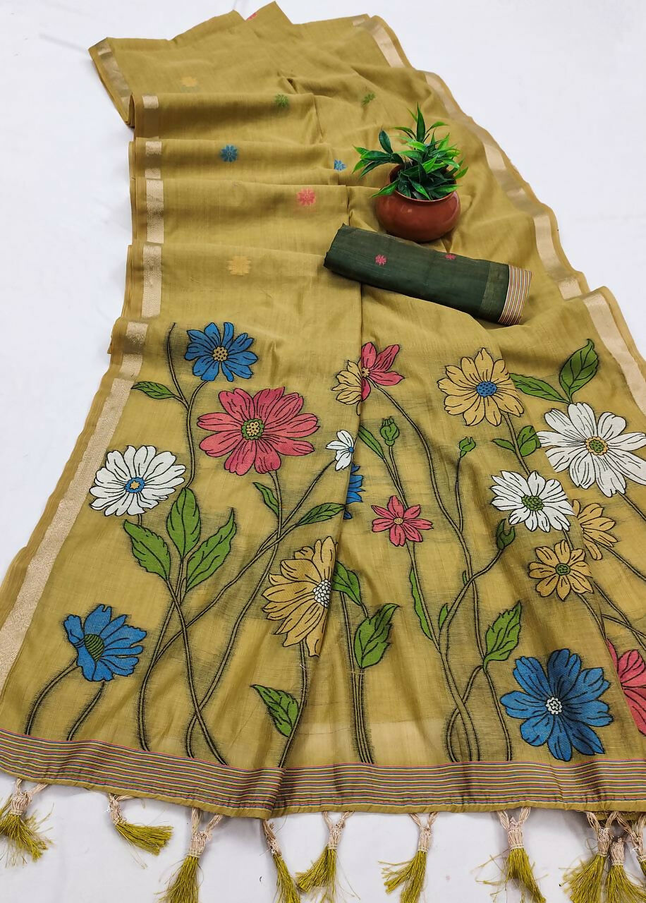Vastranavya Yellow Muga Cotton Meenakari & Azarakh Pallu Saree with Contrast Blouse - Distacart