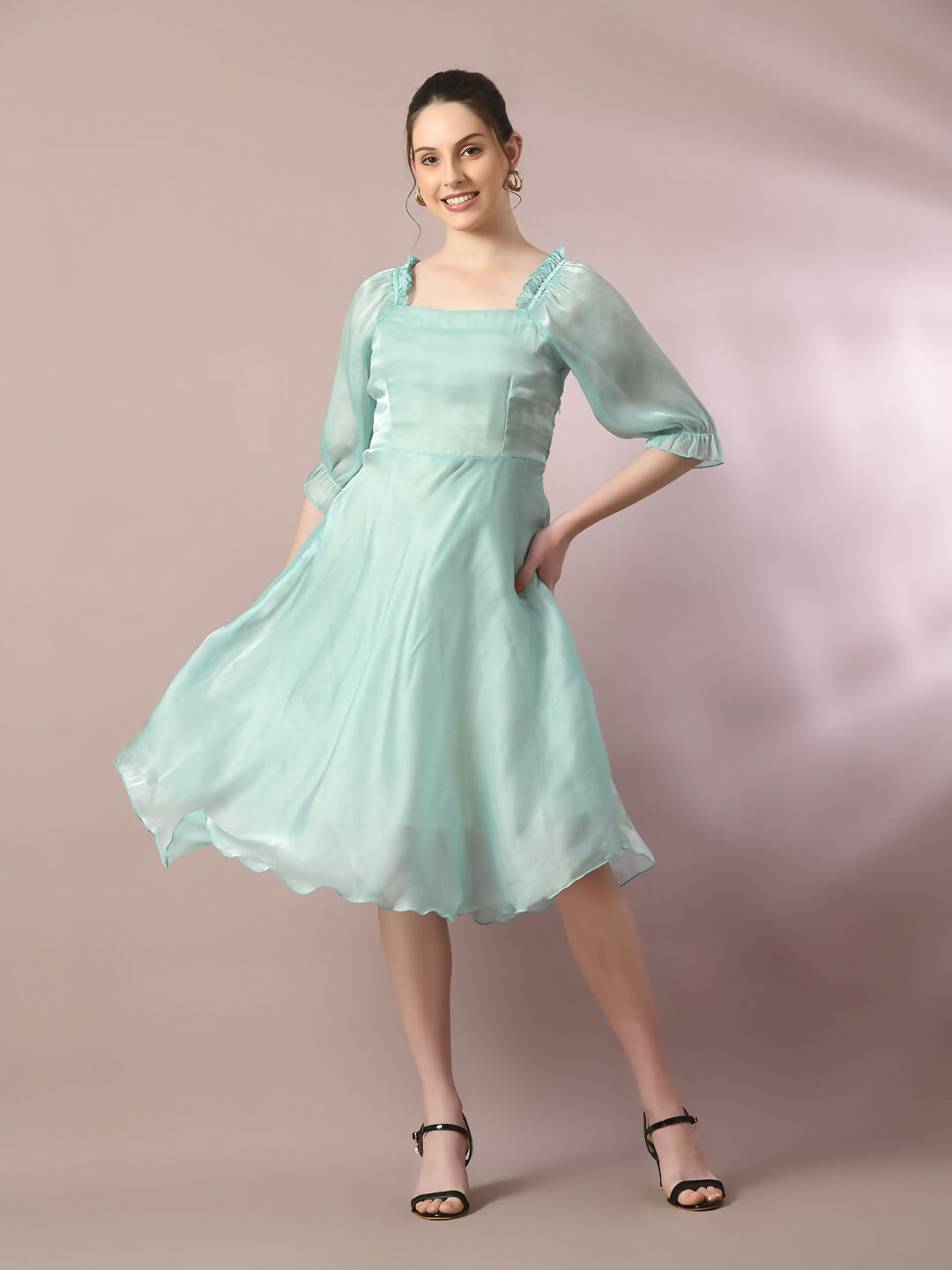 Myshka Women's Sea Green Solid Square Neck Fit and Flare Party Dress - Distacart