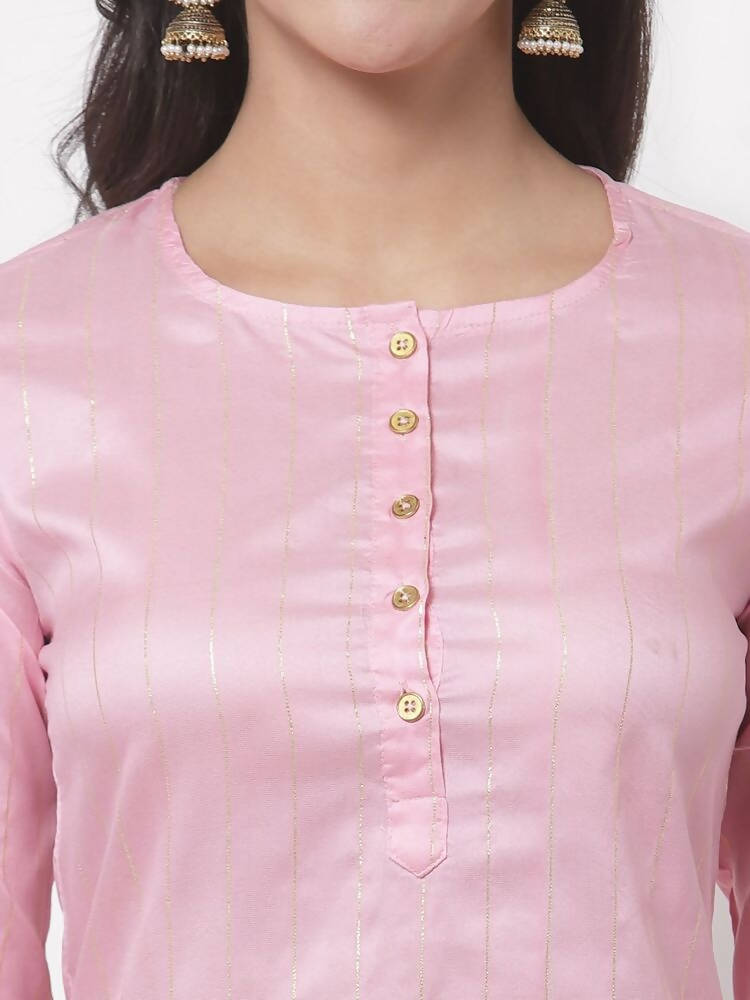 Myshka Women's Cotton 3/4 Sleeve Round Neck Casual Pink Kurta Pant Dupatta Set