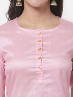 Myshka Women's Cotton 3/4 Sleeve Round Neck Casual Pink Kurta Pant Dupatta Set