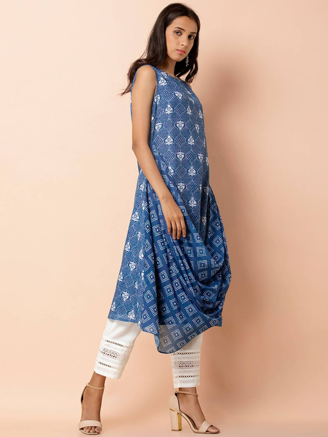 Indya Blue & White Printed A-Line Kurta - Distacart