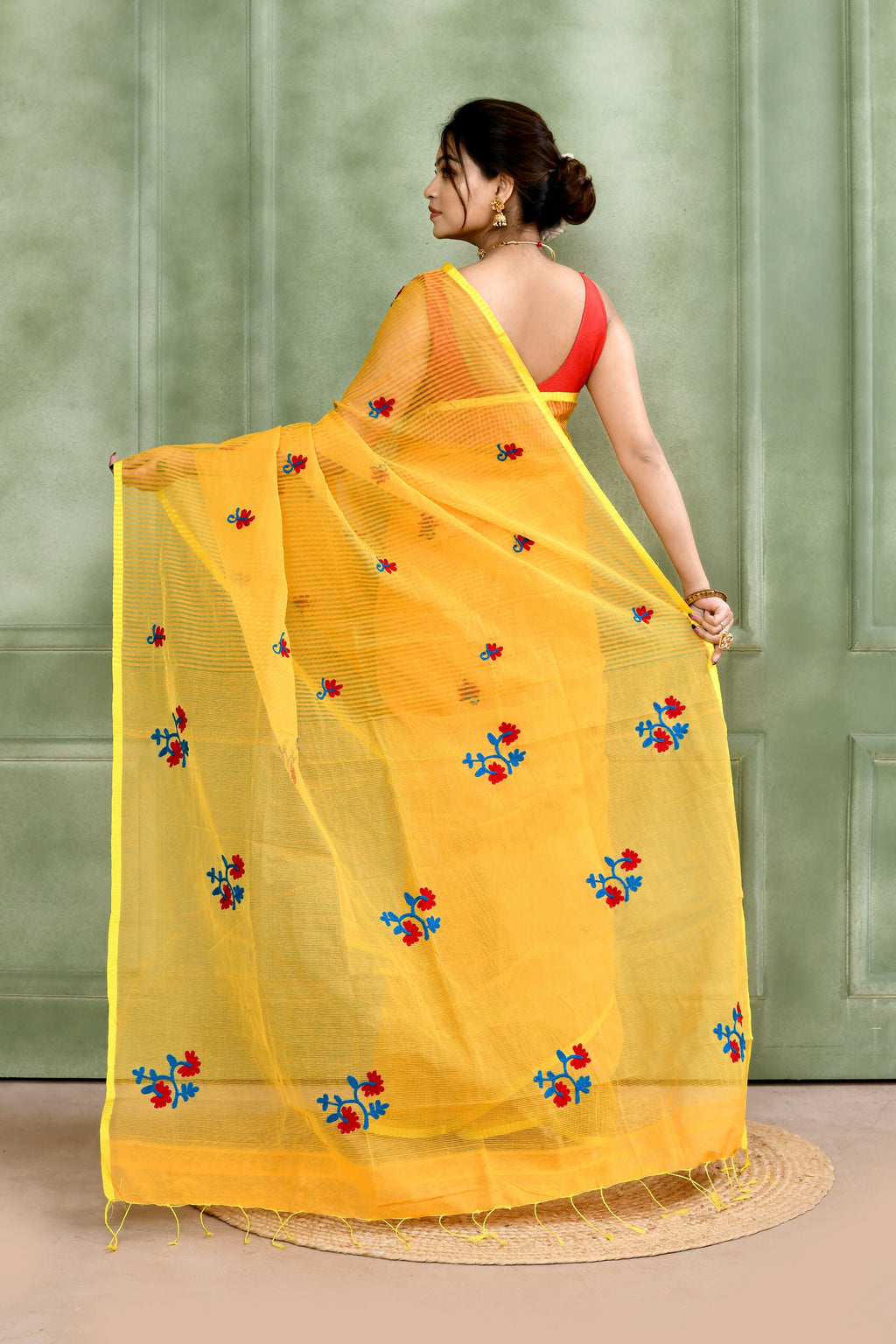 Piyari Fashion Women's Yellow Embellished Cotton Blend Embroidery Saree - Distacart