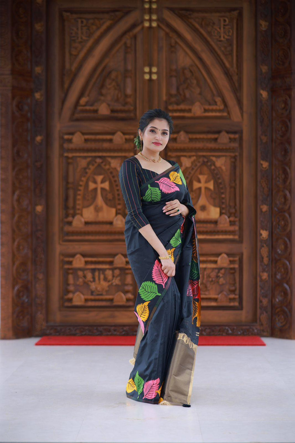Black Pure Silk Woven Design Saree with Unstitched Blouse - A2M - Distacart