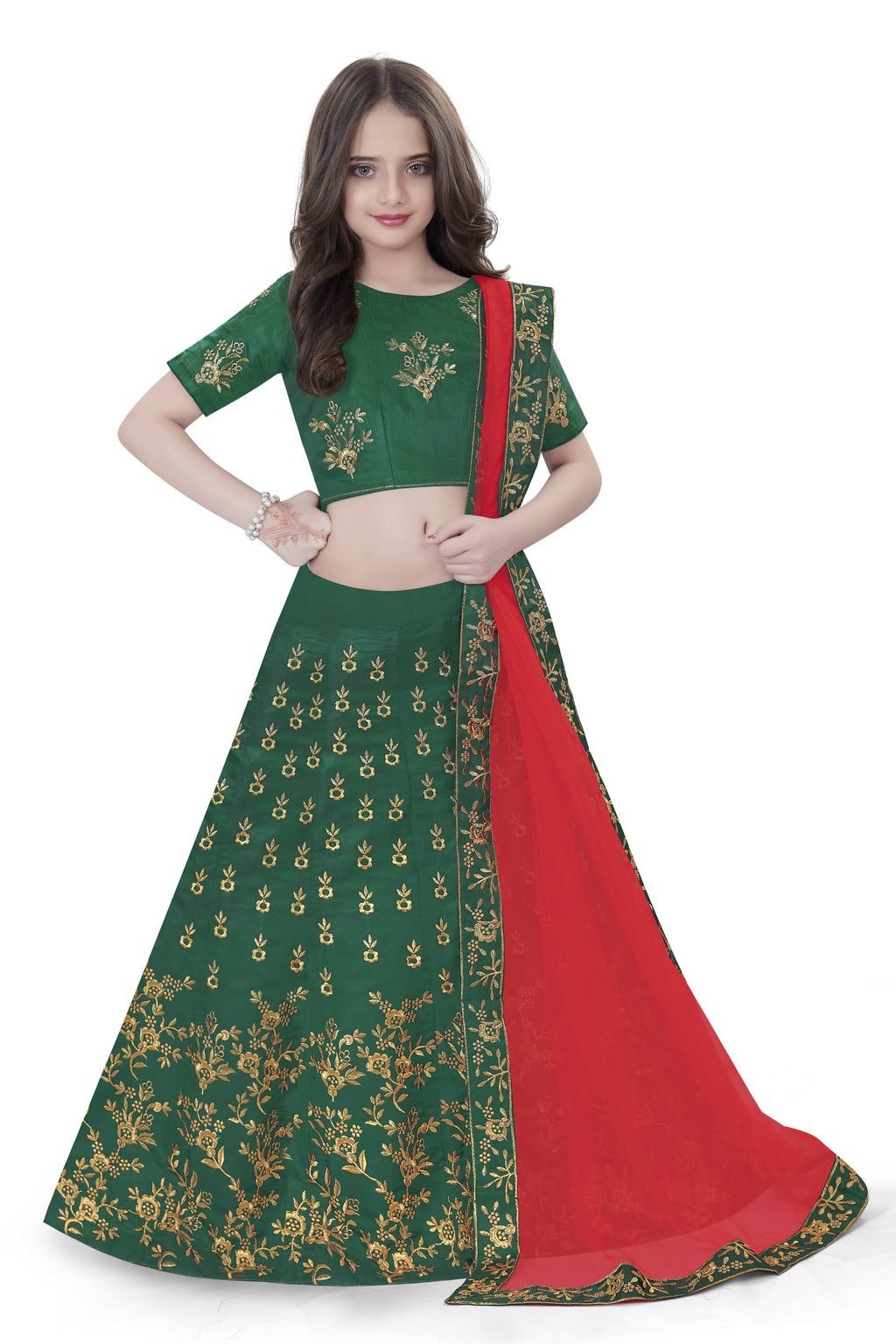 Dwiden Green Baby Doll Tafetta Sattin Semi-Stitched Girl's Lehenga Choli