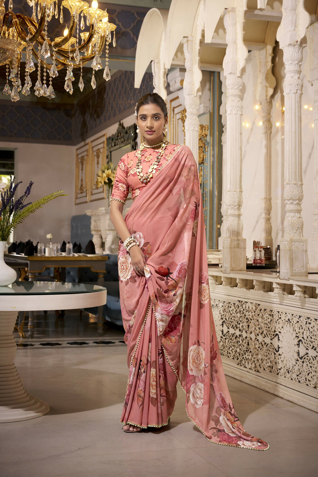 Vastranavya Orange Spectacular Georgette Printed with Pearl Lace Saree with Unstitched Blouse - Distacart