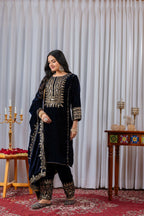 Joban Fashion Navy Blue Velvet Sequence Embroidery Work Kurta Set - Distacart