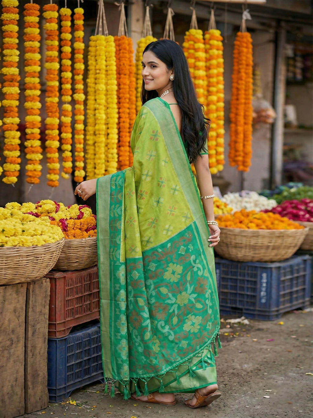 Shree Shyam Fashion Light Green Pochampally Silk Saree - Distacart