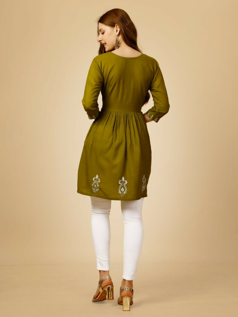 Jyoti Fashion Women's Mehendi Viscose Rayon Embroidered Casual Top