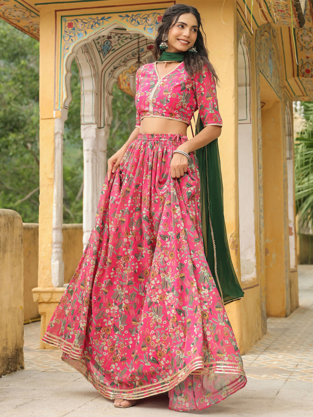 Janasya Pink Georgette Floral Lehenga Choli Dupatta