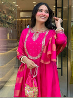 The52 Rani Women's Gorgeous Embroidered Work Chanderi Fabric Flared Kurta Pant and Dupatta Set - Distacart