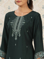 Dark Green Chinon Embroidered Straight Top - Zeny