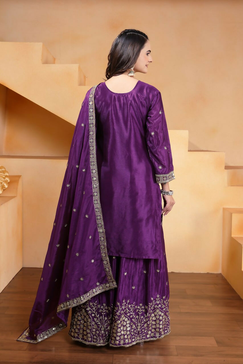 Teeya Creation Purple Chinon Embroidery Work Party Wear Palazzo Suit - Distacart