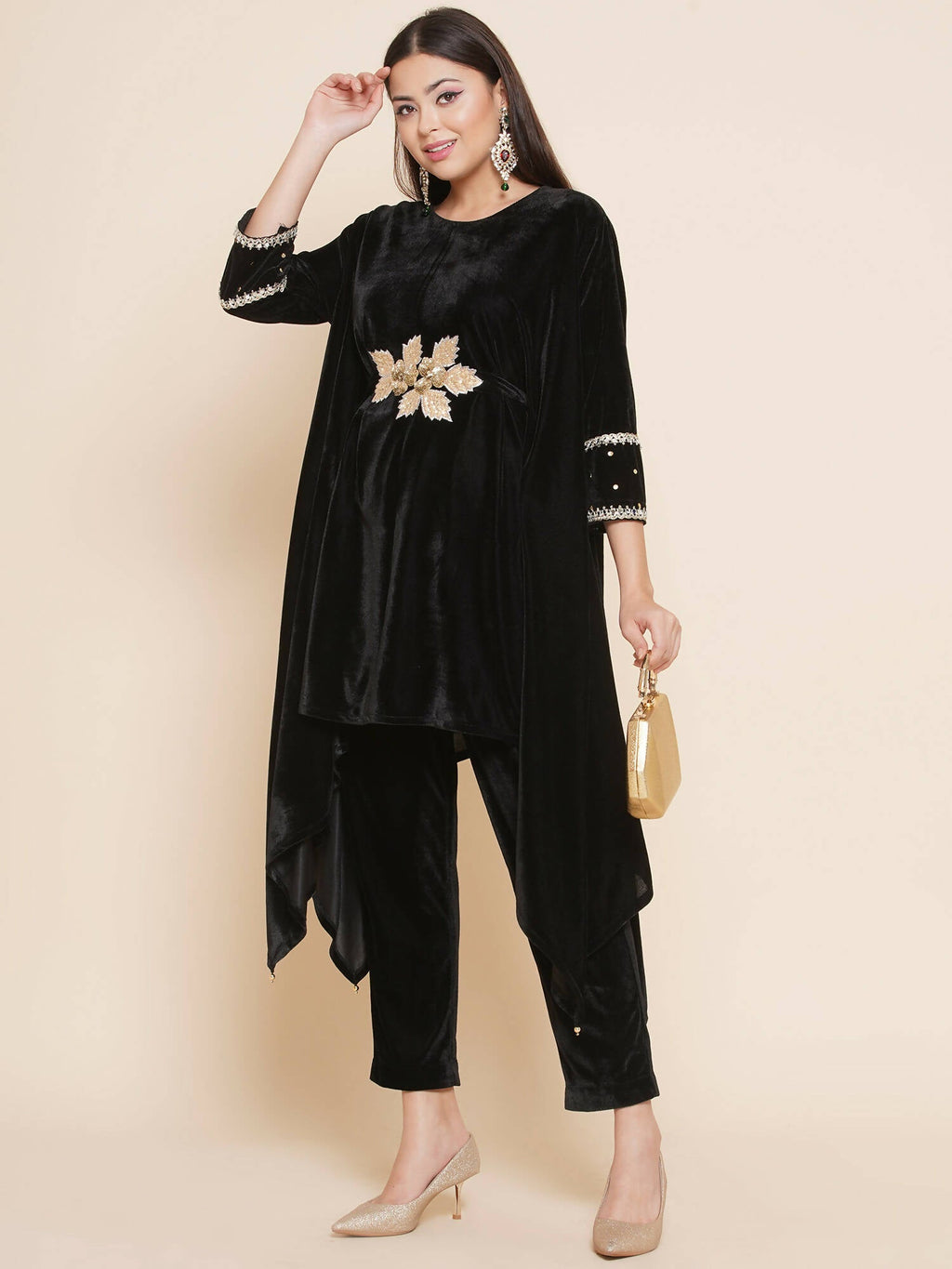 Women Republic Black Velvet Kaftaan Style Kurta With Pants - Distacart