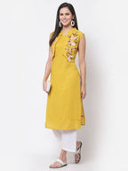 Myshka Women's Rayon Printed 3/4 Sleeve Round Neck Casual Yellow Dress