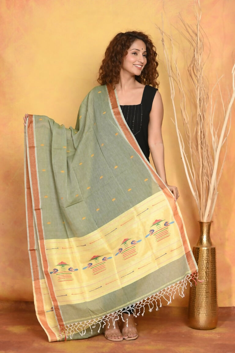 Very Much Indian Handloom Pure Cotton Paithani Dupatta - Green