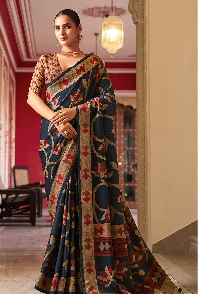Monjolika Fashion Silk Blend Navy Blue Printed Saree - Distacart