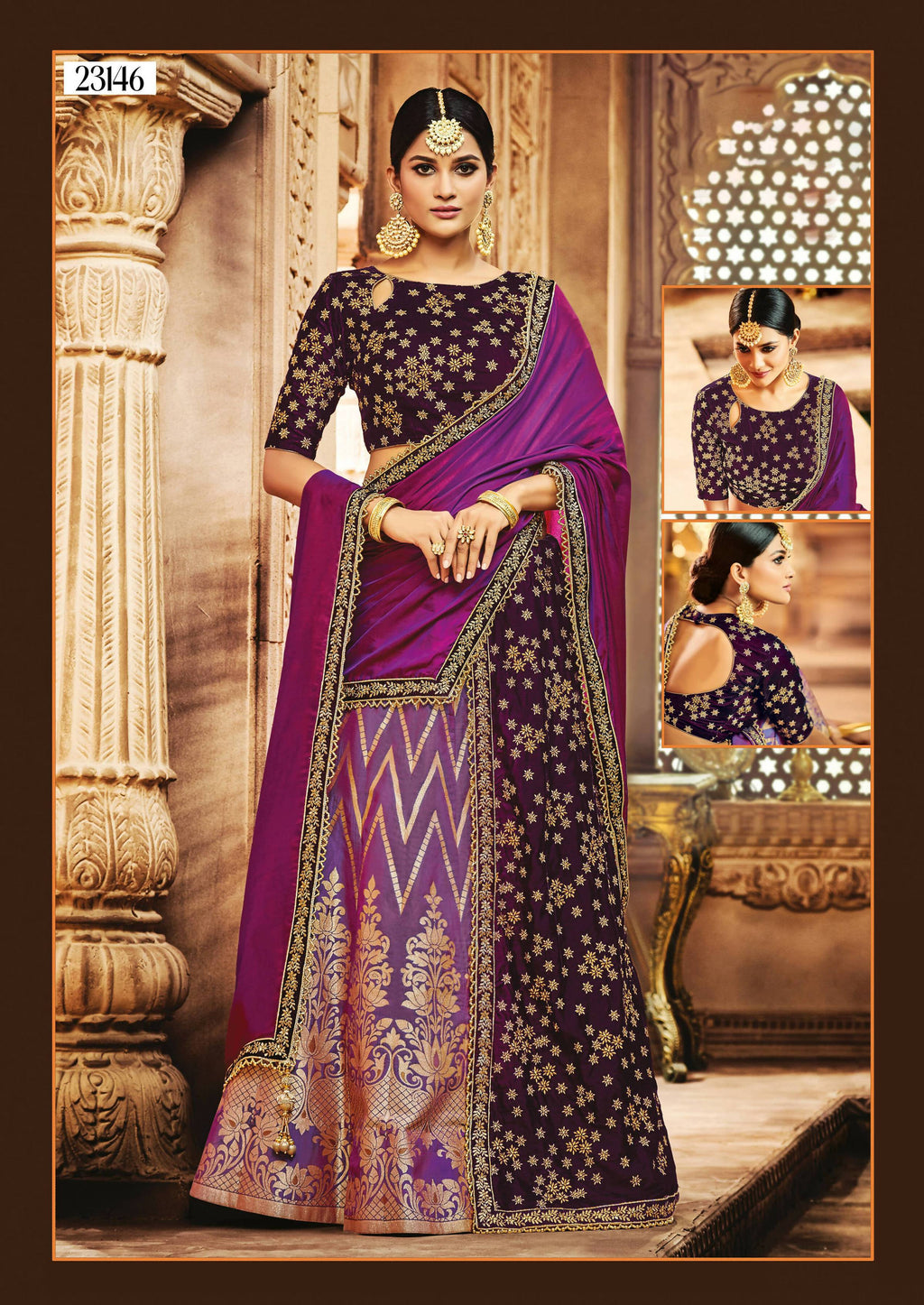 Purple Jacquard Silk, Velvet Zari Embroidery Semi-Stitched Lehenga Saree - Mohmanthan Dezzy