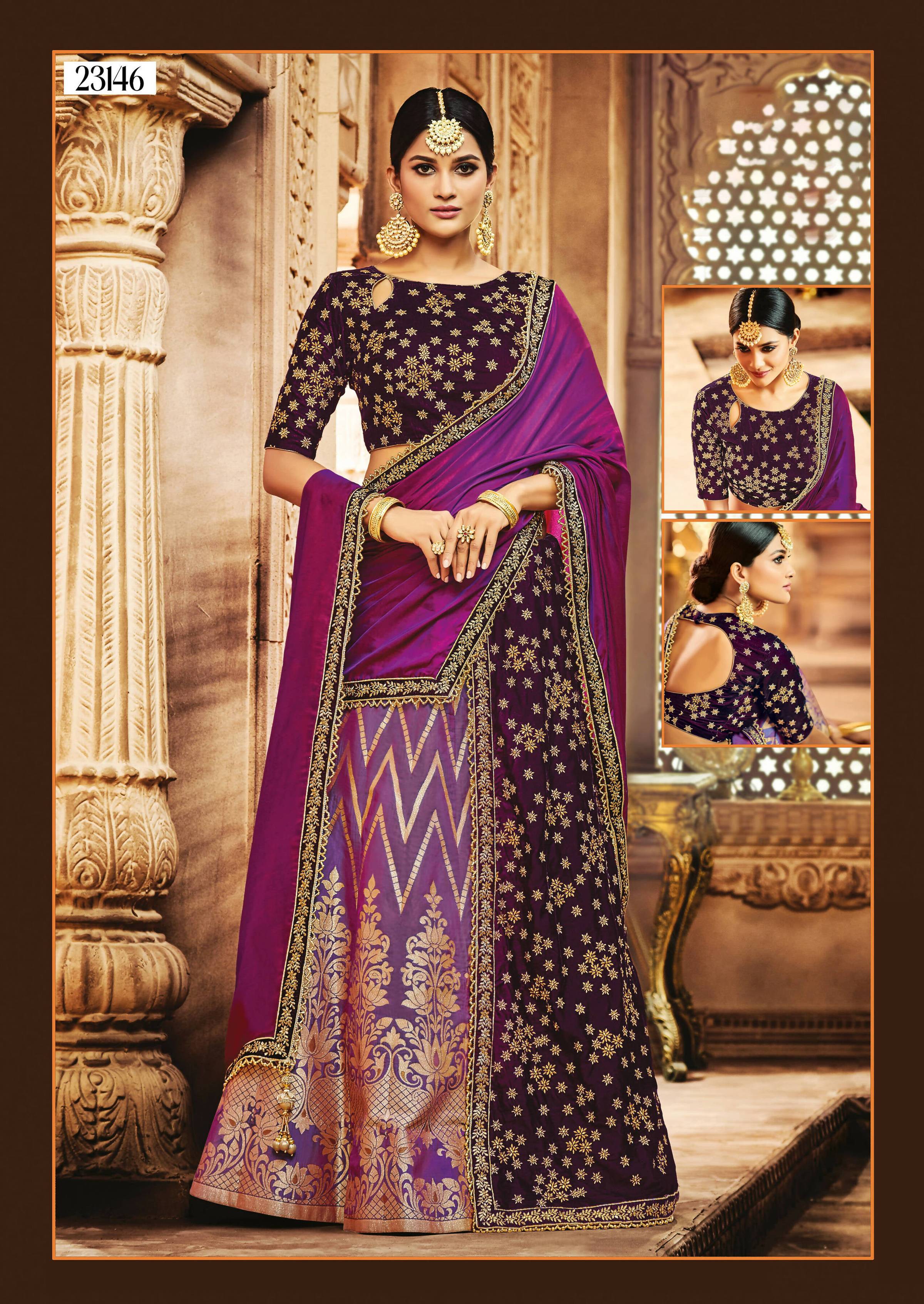 Purple Jacquard Silk, Velvet Zari Embroidery Semi-Stitched Lehenga Saree - Mohmanthan Dezzy