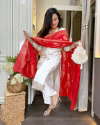 The52 White Women's Beautiful Chanderi Jacquard Fabric Embroidered Work Straight Kurta Pant and Dupatta Set - Distacart