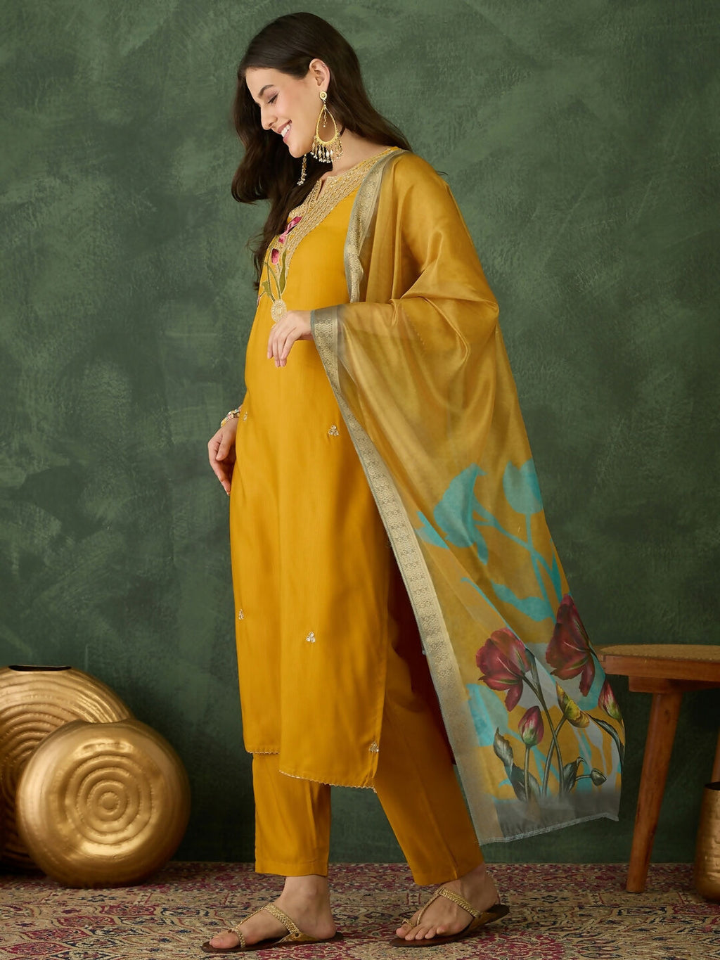 The52 Mustard Women's Beautiful Rayon Fabric Embroidered Work Straight Kurta, Pant and Dupatta Set - Distacart