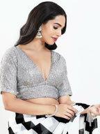 Joban Fashion Silver Silk Padded Blouse With V Neck Elbow Sleeves - Distacart