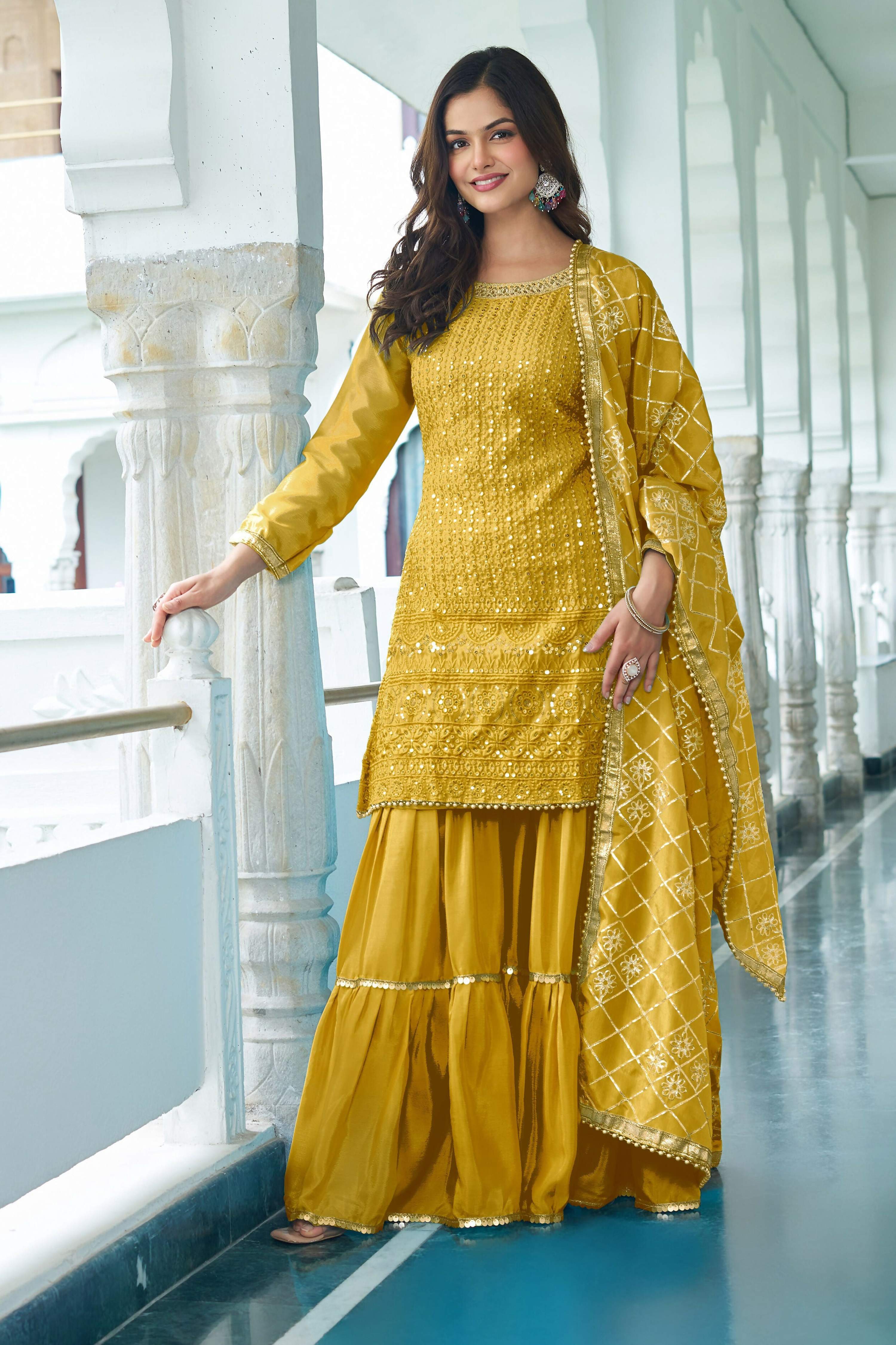 Joban Fashion Yellow Kurta Set Chinon Silk Embroidery Sequence Work - Distacart
