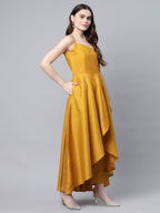Ahalyaa Women Mustard Poly Silk Gold-Toned Printed Kurta With Trousers - Distacart