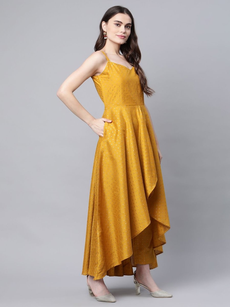 Ahalyaa Women Mustard Poly Silk Gold-Toned Printed Kurta With Trousers - Distacart
