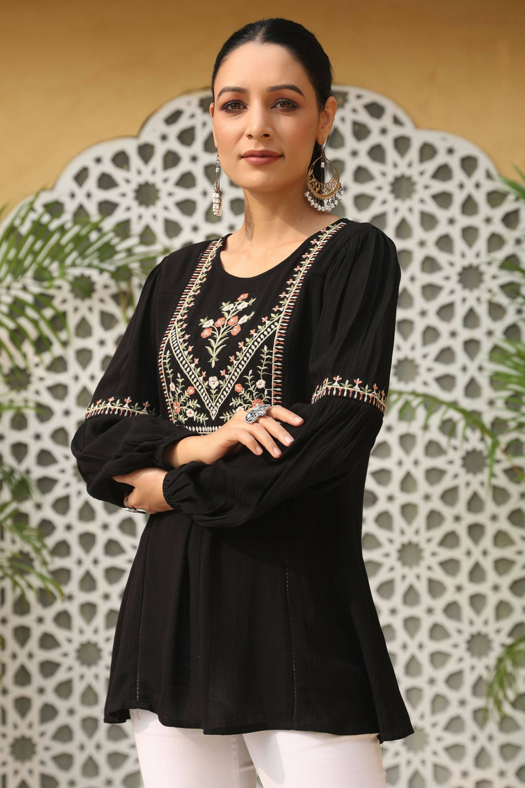 Juniper Women's Black Rayon Crepe Solid With Embroidery Straight Tunic - Distacart