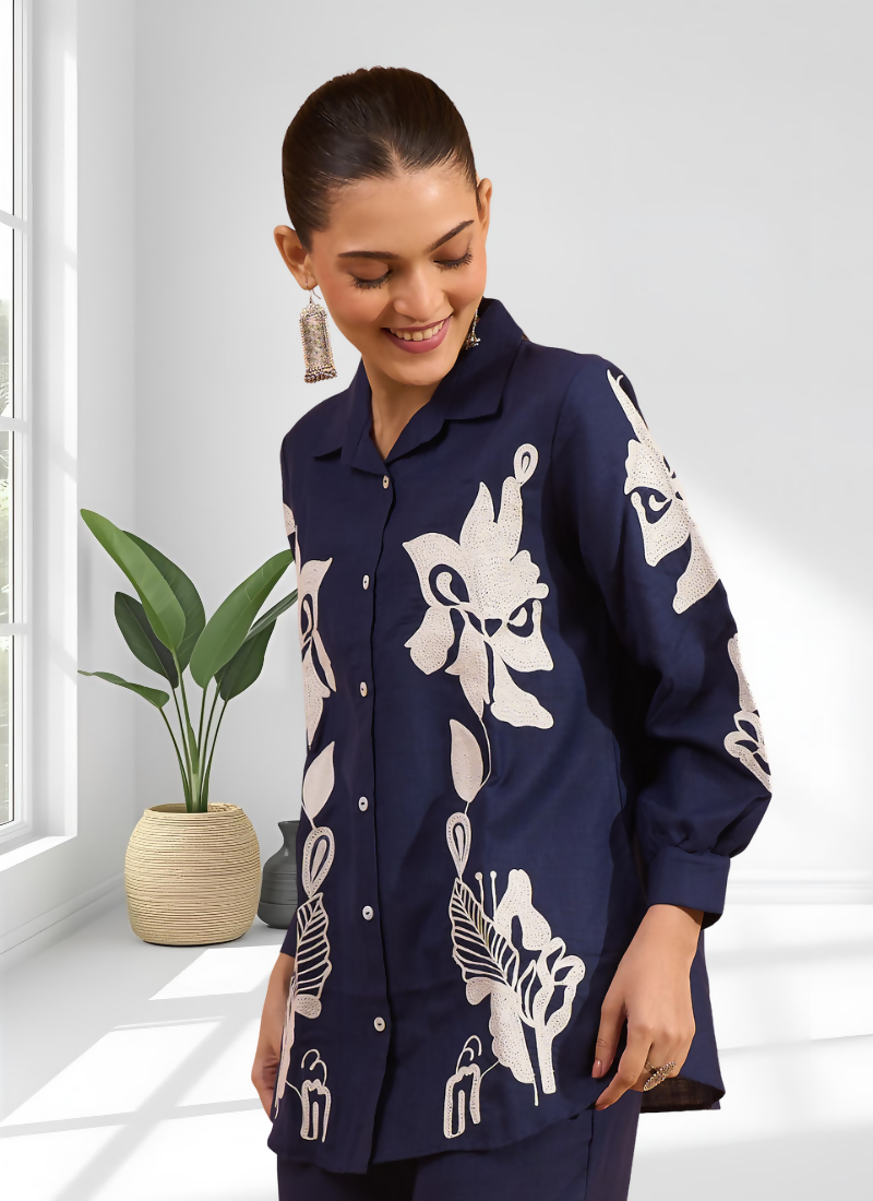 Joban Fashion Navy Blue Cotton, Linen Embroidered Readymade Cord Set - Distacart