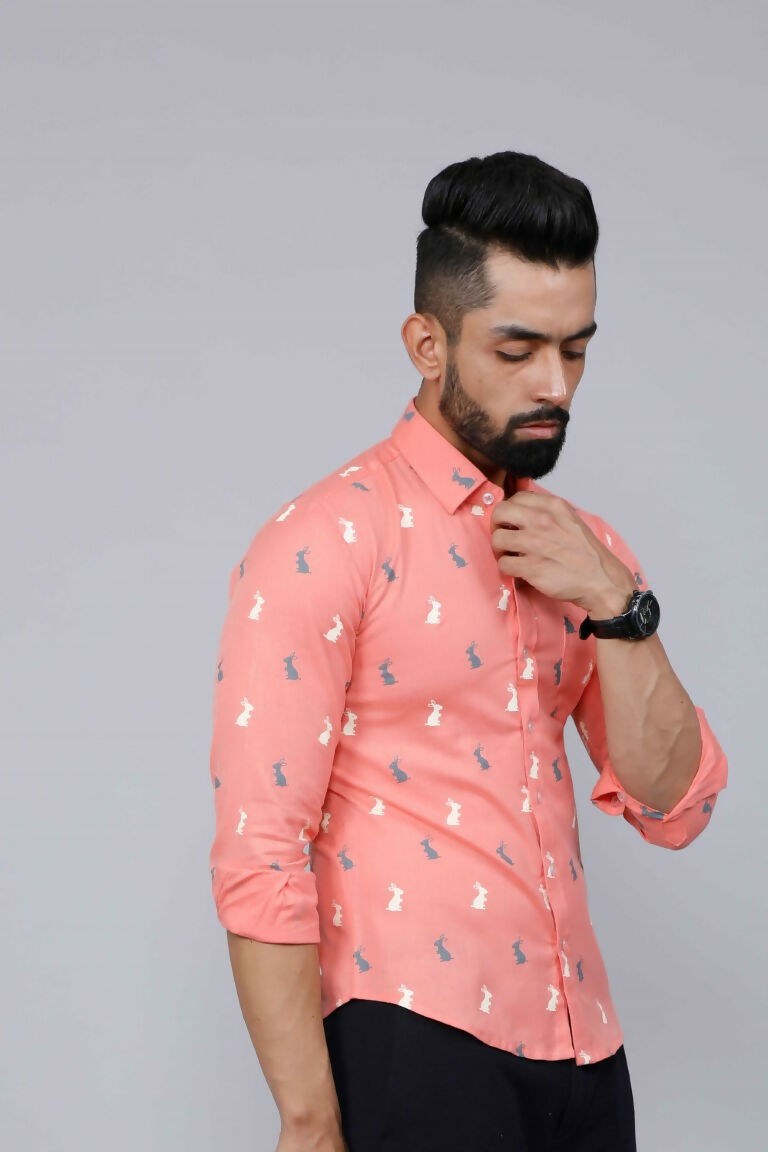 Miravan Men's Peach Spread Collar Animal Print Partywear Shirt