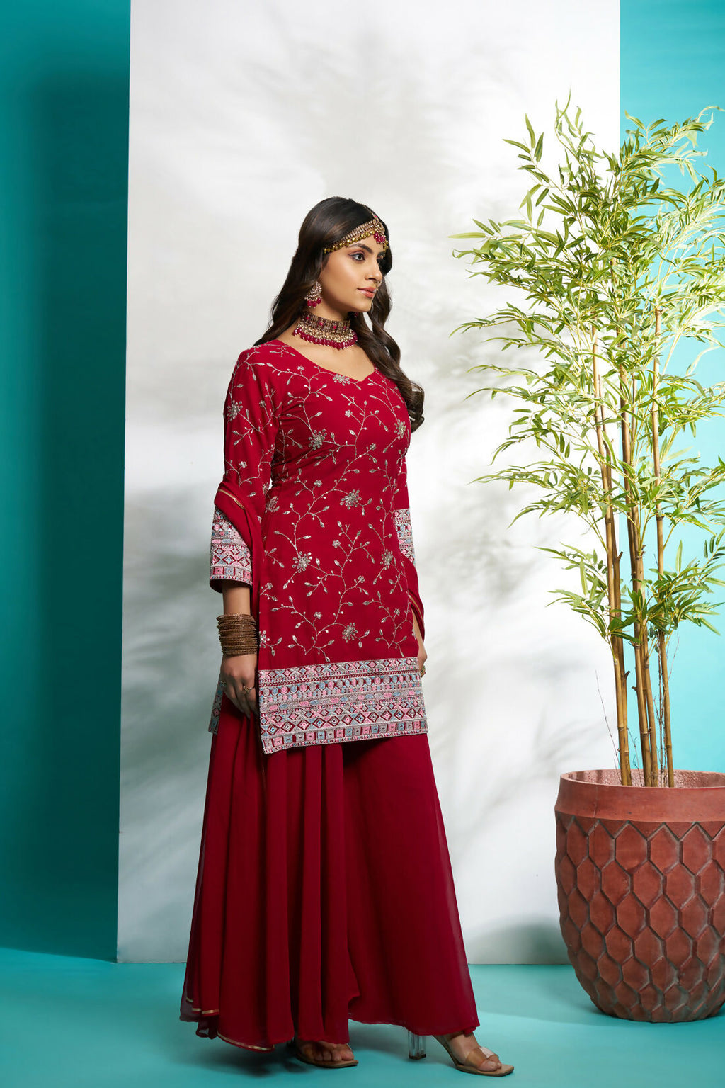 Aayaa Designer Faux Gorgette Embroidery Zari Sequins Thread work Full Flaired plazzo Suit with Dupatta - Maroon