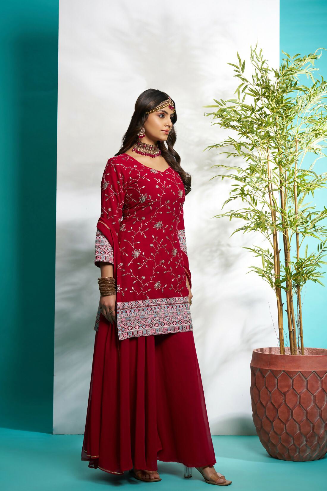 Aayaa Designer Faux Gorgette Embroidery Zari Sequins Thread work Full Flaired plazzo Suit with Dupatta - Maroon
