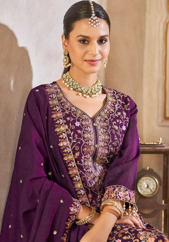 Anaita Purple Vichitra Silk Readymade Suit with Embroidery & Lace Work - Distacart