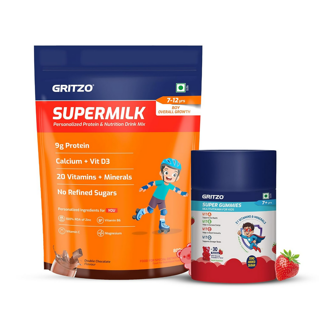 Gritzo SuperMilk Overall Growth (7-12y Boys) - Double Chocolate, with Super Gummies - Strawberry