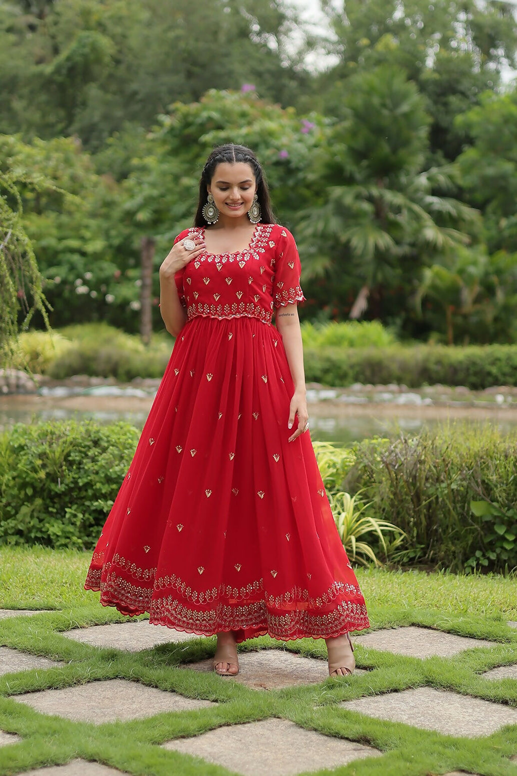 Joban Fashion Red Georgette Sequence Embroidery Work Gown - Distacart