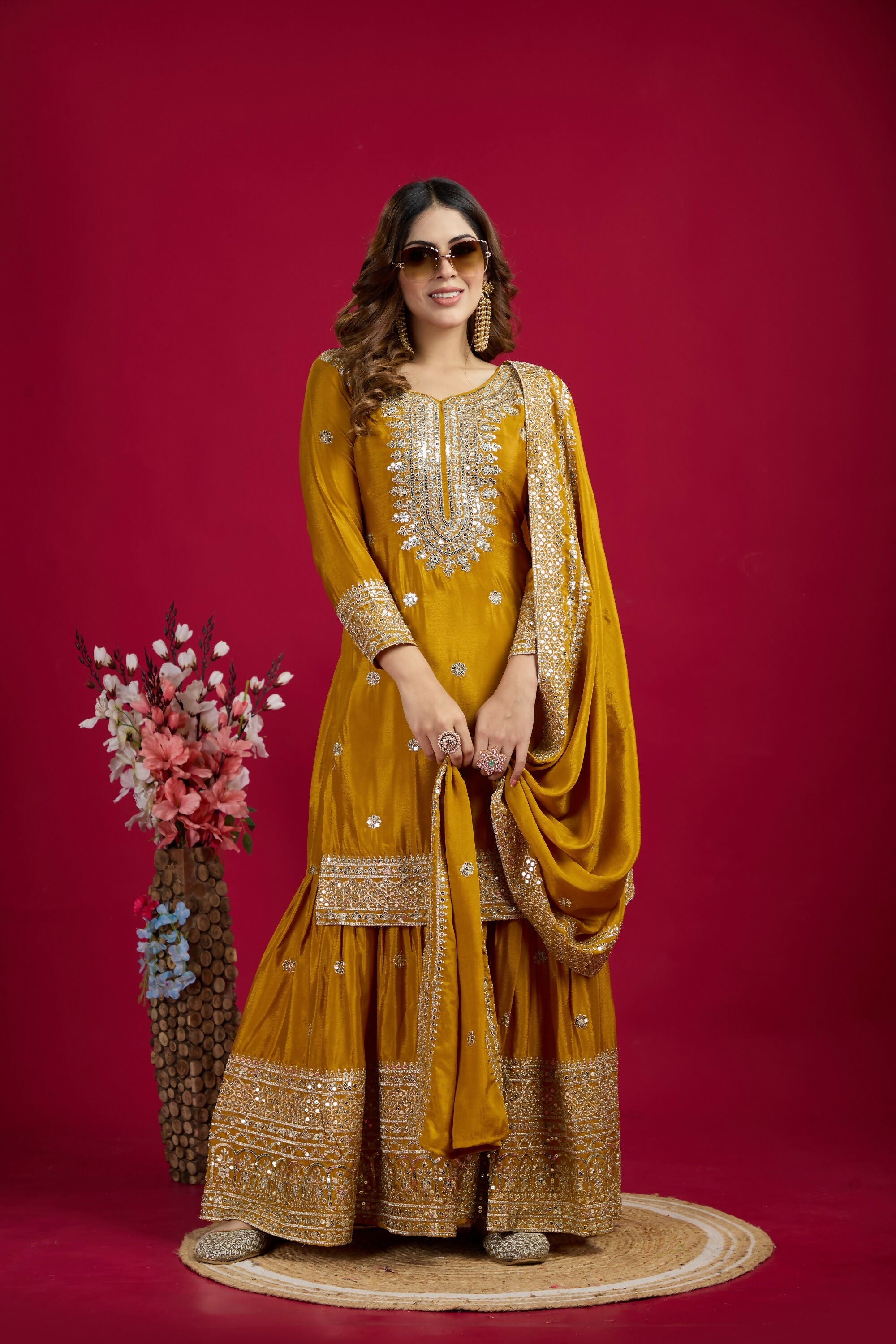 Joban Fashion Yellow Kurta Set Silk Sequins , Zari, Coding & Thread Embroidered work - Distacart