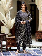 Miravan Women's Black Floral Printed Kurta Palazzo With Dupatta Set
