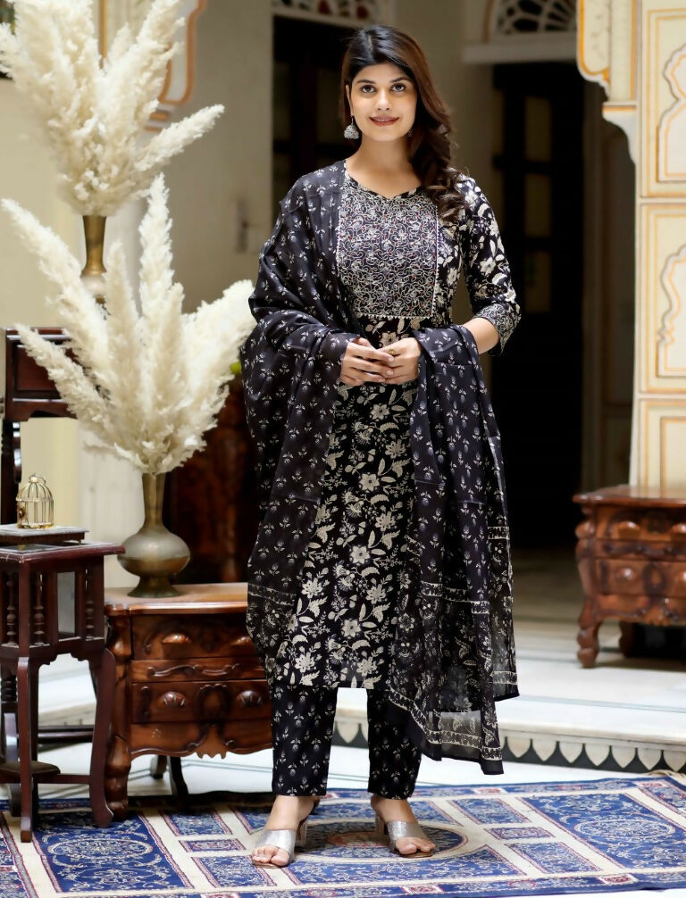 Miravan Women's Black Floral Printed Kurta Palazzo With Dupatta Set