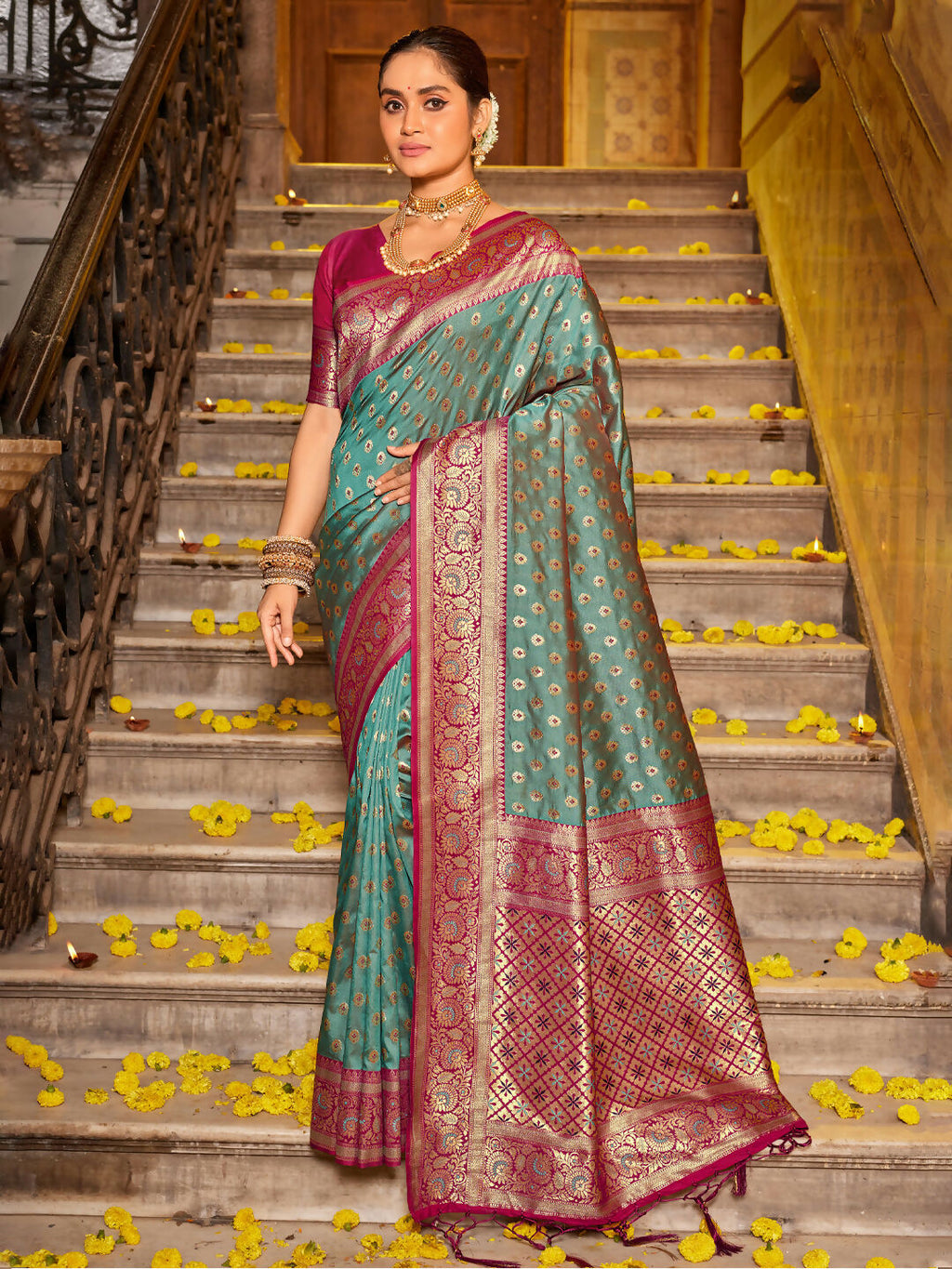 Shree Shyam Fashion Banarasi Silk Sea Green Saree - Distacart