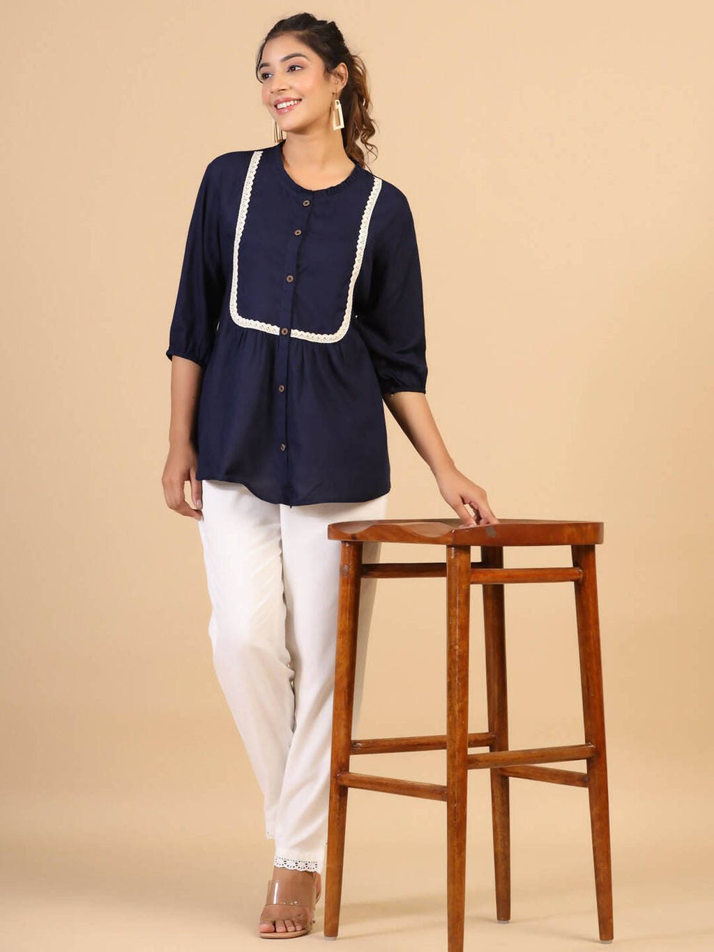 Womens Dark Blue Rayon Solid Top - Keeva